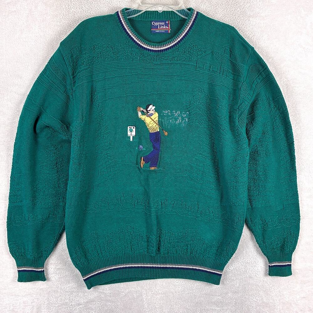 Vintage Cypress Links Sweater Mens L Green Golf Course 3D Knit Embroidered 80s
